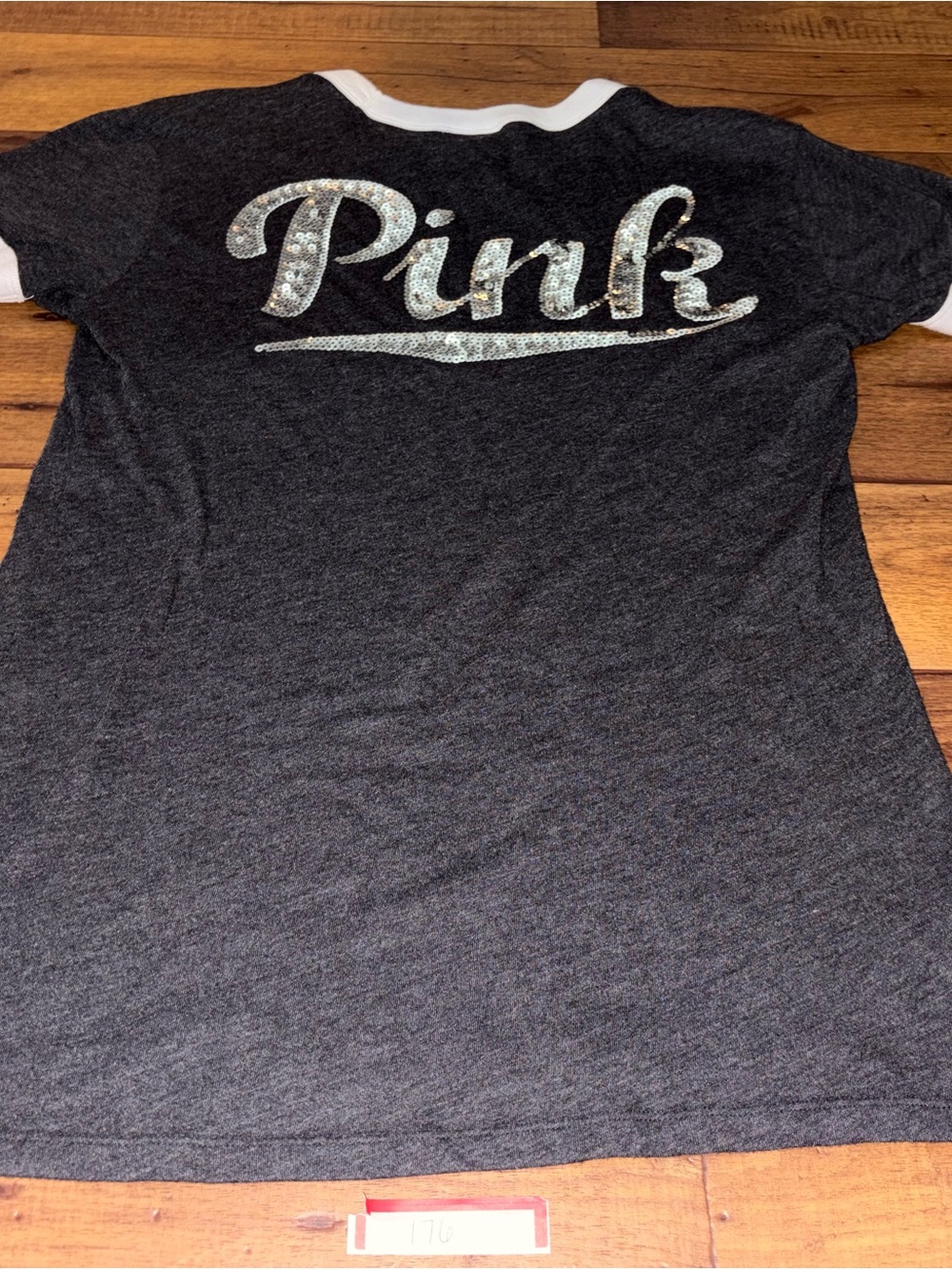 Victoria's Secret PINK Dark Charcoal Grey Sequin Back Logo Ringer T-Shirt